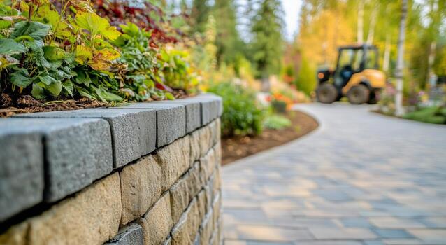 Landscaping Project With Stone Pathway and Colorful Plants in a Sunny Outdoor Setting. photo