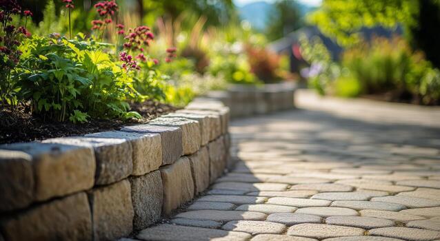 Garden Pathway With Stone Borders and Green Plants During Sunny Day. photo