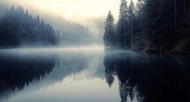 Misty Morning at Still Lake With Forest Reflection and Soft Light. photo