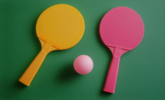 Brightly Colored Table Tennis Paddles and a Ball Ready for a Game on a Green Surface photo