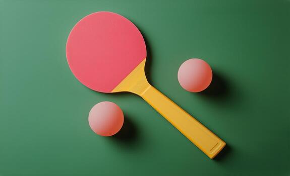 Brightly Colored Table Tennis Paddles and a Ball Ready for a Game on a Green Surface. photo
