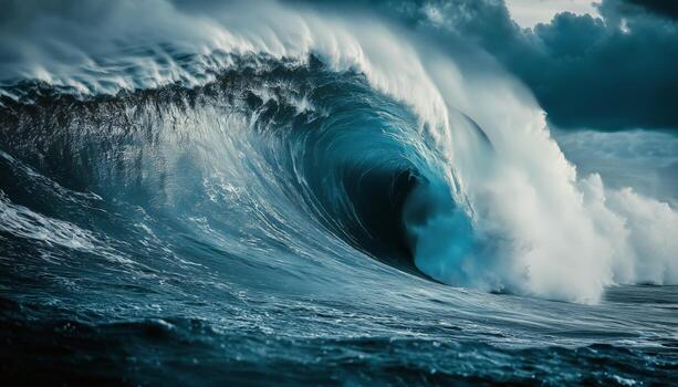 Crashing Waves Create Stunning Ocean Display Under Dark Stormy Sky at Dusk photo