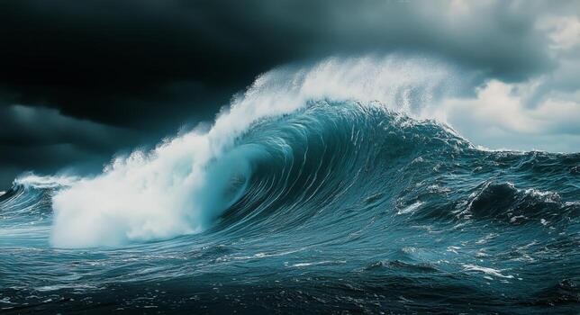 Powerful Ocean Waves Crash Against Each Other Under a Cloudy Sky. photo