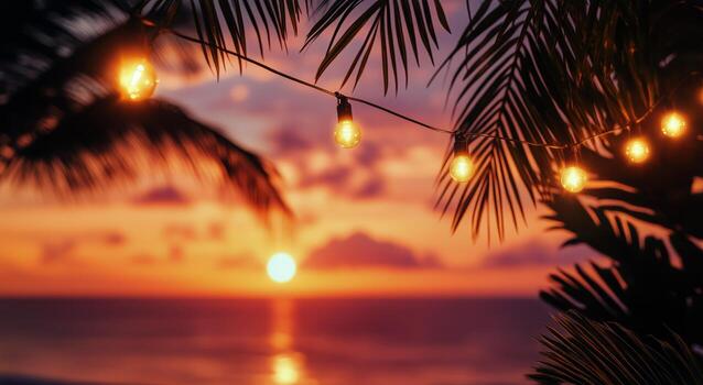 Warm Sunset Glow With String Lights Illuminating Tropical Palm Trees by the Ocean. photo