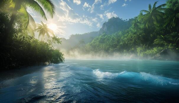 sereno tropical playa escena con amable olas y lozano palma arboles a amanecer foto