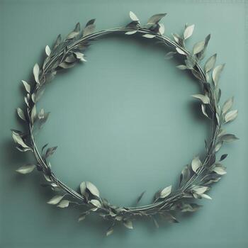 Wreath Made of Green Leaves on a Soft Blue Background Displays Natural Elegance and Simplicity photo