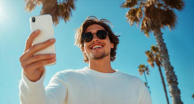 Young Man Takes Selfie at Beach Under Palm Trees in Bright Sunlight. photo