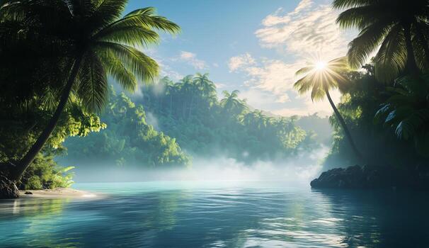 tranquilo Mañana a un lozano tropical lago rodeado por niebla y palma arboles foto