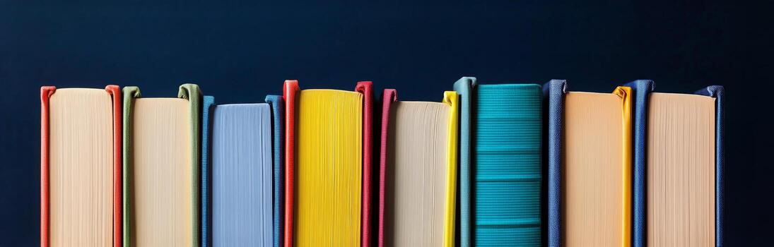 Colorful Books Lined up on a Shelf With a Dark Background Create a Striking Appearance photo