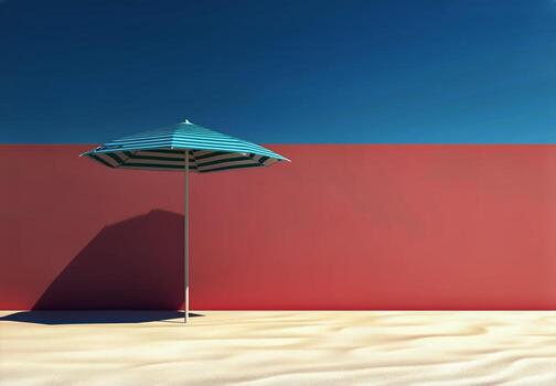 Bright Beach Scene With a Striped Umbrella and a Colorful Wall During a Sunny Day photo