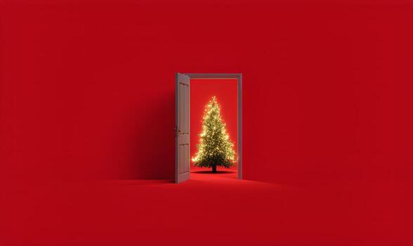 calentar rojo resplandor rodea un Navidad árbol visible mediante un abierto puerta en un sencillo habitación. foto