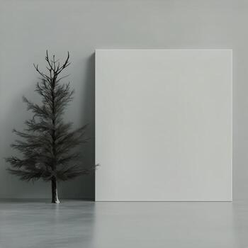 Empty White Canvas Beside a Leafless Tree in a Modern, Minimalist Interior Space photo