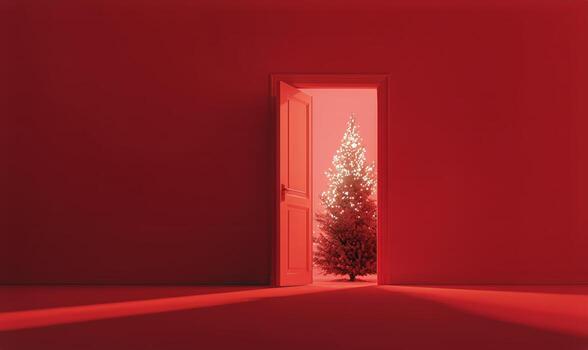 calentar rojo resplandor rodea un Navidad árbol visible mediante un abierto puerta en un sencillo habitación foto