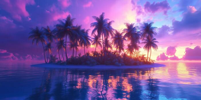 Sunset Over a Tropical Island With Palm Trees and Calm Waters Reflecting Vibrant Colors. photo