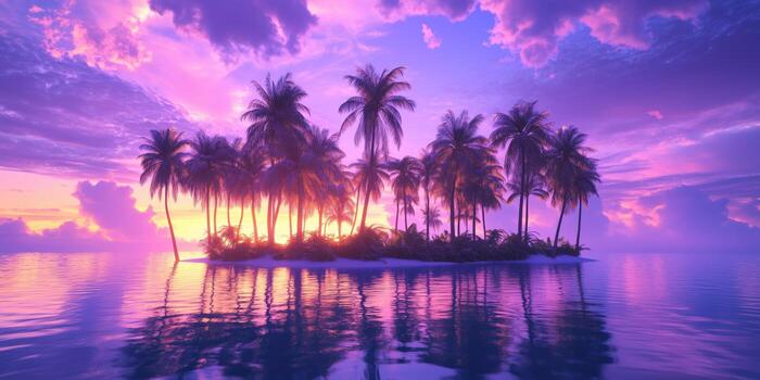 Sunset Over a Tropical Island With Palm Trees and Calm Waters Reflecting Vibrant Colors photo