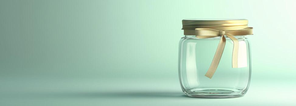 Empty Glass Jar With Orange Ribbon on a Table Under Soft Sunlight in a Cozy Room. photo