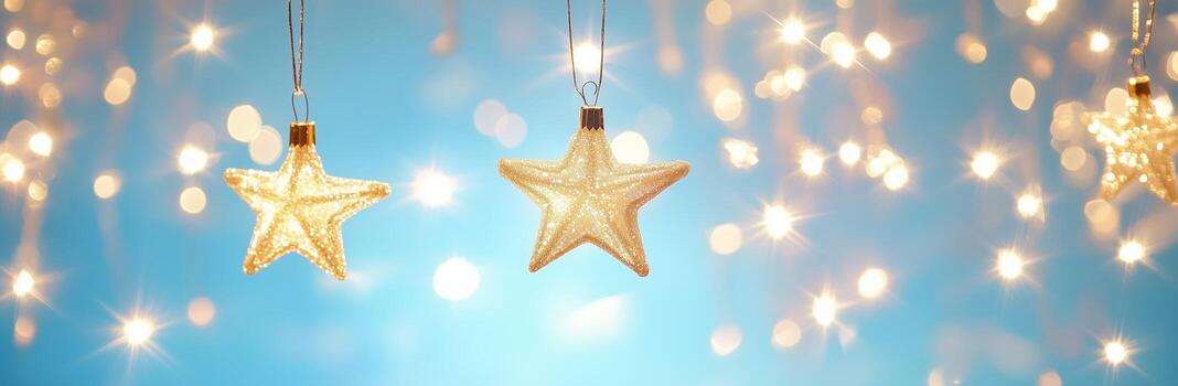 Glowing Star Ornaments Hanging From Branches During Evening Twilight. photo