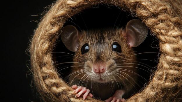 Close-up View of a Small Brown Mouse Peeking out From a Dark Hole in a Cozy Setting. photo