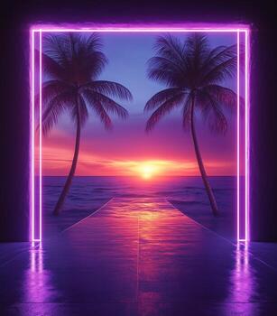 Sunset View From a Tropical Beach Framed by Palm Trees and Vibrant Colors photo