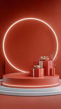 Creative Red Stage Design With Geometric Shapes and Circular Lights for Modern Visual Display. photo