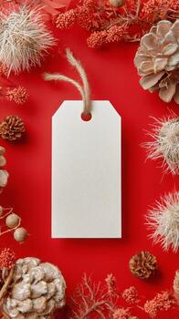 Blank Tag Surrounded by Decorative Natural Elements on a Red Background in Autumn Setting photo