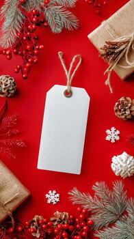 Blank Tag Surrounded by Decorative Natural Elements on a Red Background in Autumn Setting. photo