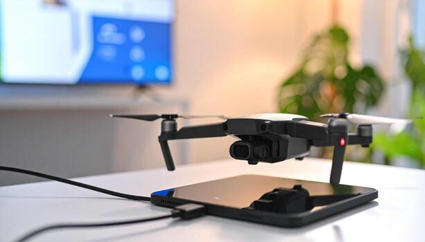 Drone hovering over connected tablet, screen displaying data, home automation concept, hobby photo