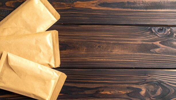 Brown Paper Mailer Envelopes Arranged Artistically on a Rustic Wooden Table Surface Copy Space for Text photo