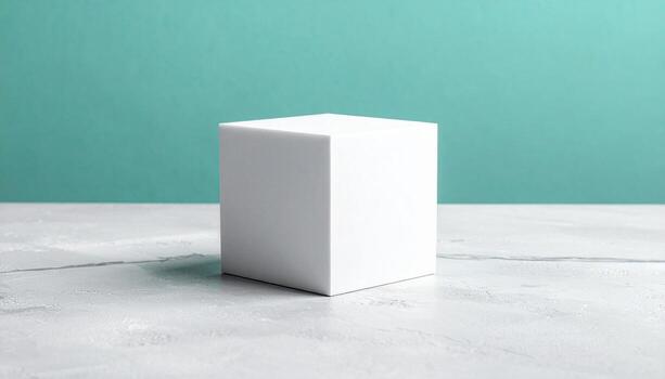 Clean White Cube Centered on Textured Surface Against Teal Background Display Stand photo