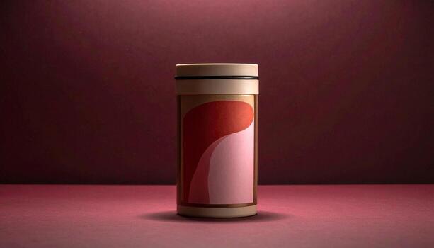 Minimalist Cylindrical Container with Abstract Red and Pink Design on Burgundy Background photo