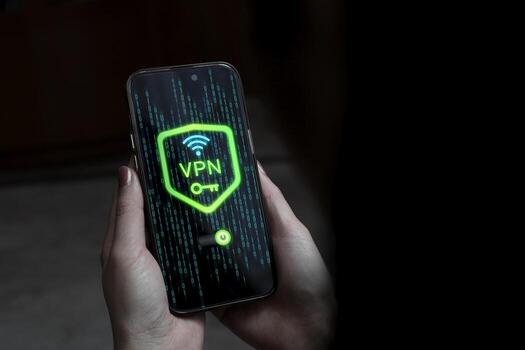 Activation of Virtual Private Network. Smartphone screen showing connect to VPN system. Concept of technology for connecting private network to public internet to hide user's IP address and security. photo