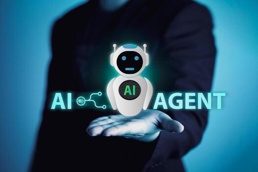 AI robots virtual on hands of businessman. Concept of AI Agents for support the processing of steps in achieving goals and making decisions. photo