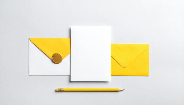 Flat lay of yellow envelopes white blank card and pencil on a gray background perfect for invitation mockups or stationery concepts photo