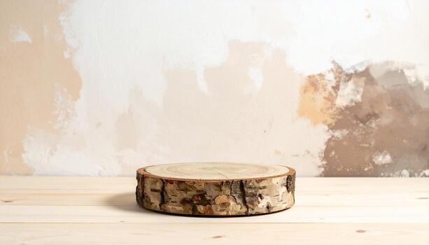Natural Wooden Slice Display Stand on a Textured Background Rustic Product Presentation Background Mockup for Products Eco friendly Theme photo