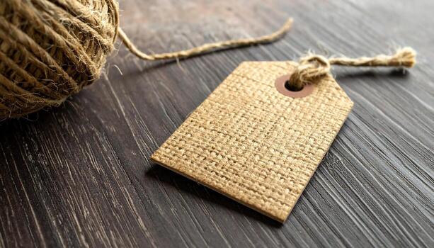 Rustic Jute Twine Ball and Blank Kraft Paper Tag on Dark Wood Surface Background photo