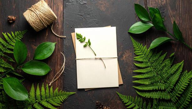 Rustic Autumn Wedding Invitation Mockup with Natural Greenery and Twine photo