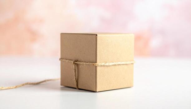 Simple Kraft Paper Gift Box Tied with Twine on White Surface Soft Bokeh Background photo