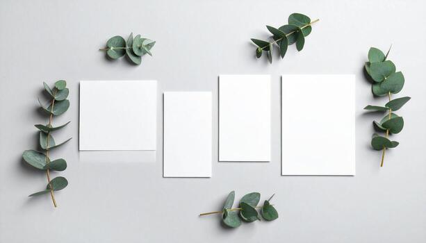 Minimalist Branding Mockup Blank Cards with Eucalyptus Branches on Grey Background photo