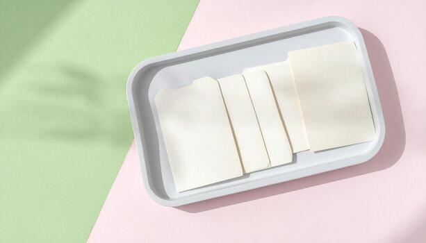 Minimalist Flat Lay Creamy White Paper Cards on Tray with Pastel Background and Shadow Play photo
