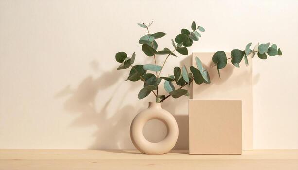Minimalist Beige Interior Scene with Eucalyptus Branches in a Round Vase and Geometric Blocks Soft Shadow Play photo