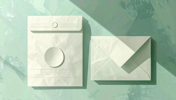 Minimalist White Envelopes and Paper Mailer on Textured Green Background with Shadow Play Overhead View photo