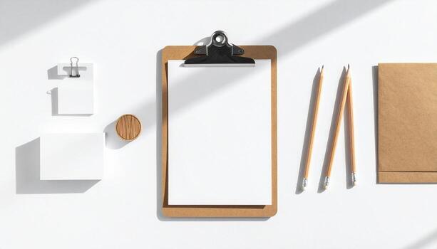 Desk Setup Mockup Clipboard with Blank Paper Pencils Notebook and Stationery for Branding and Design Projects photo