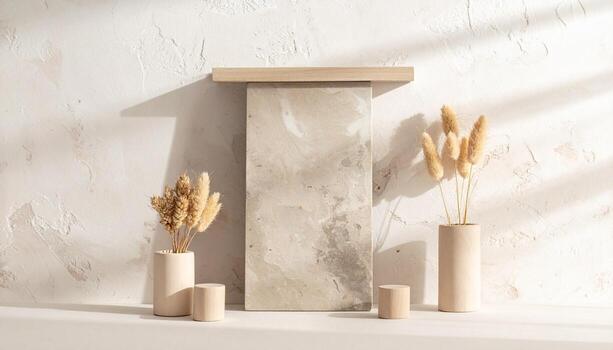 Minimalist Home Decor Display Dried Pampas Grass Stone Texture Slab Wood Elements with Soft Natural Light and Shadows photo