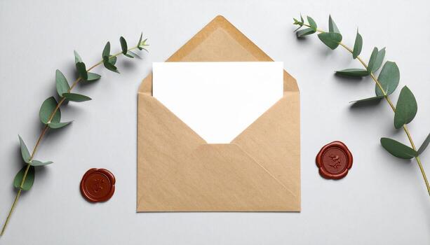 Elegant Kraft Envelope with Blank White Card Eucalyptus Branches and Wax Seals Mockup for Invitations Greetings and Mail photo