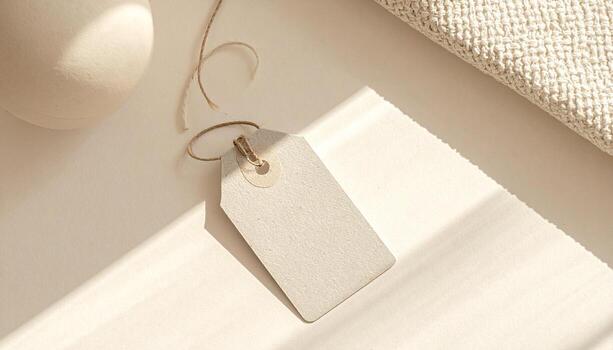 Blank Kraft Paper Gift Tag with Natural Twine String Casting Soft Shadows on Textured White Surface Minimalist Aesthetic Mockup Ready photo