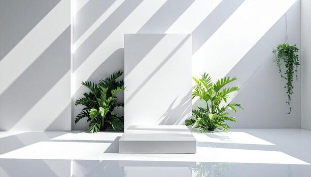Minimalist white podium with lush green plants and natural window light creating geometric shadows ideal for product display and advertising photo