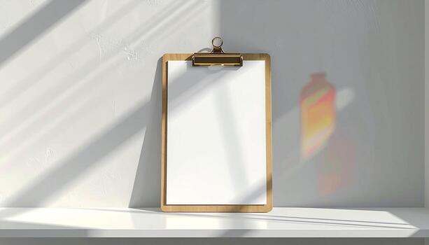 Minimalist Clipboard Mockup with Golden Clip and Soft Sunlight Shadows photo