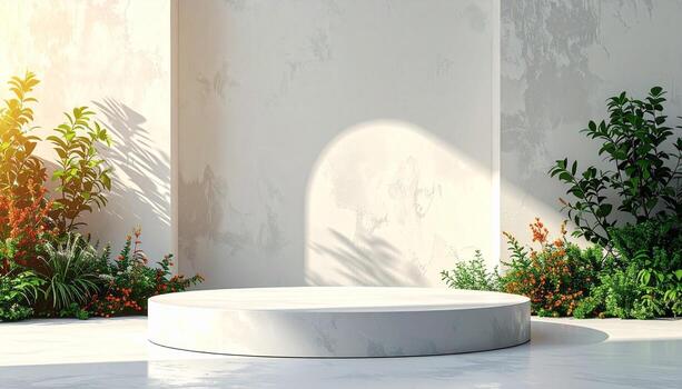 Minimalist White Podium Stage with Lush Greenery and Sunlit Arch Shadow for Product Display photo