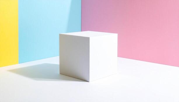 Minimalist White Cube Centered on Pastel Background with Soft Shadows Modern Design and Abstract Concept photo