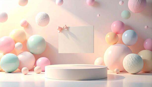 Soft Pastel Sphere Display with Floating Blank Card and Ribbon for Product Showcase Celebration Ideas photo